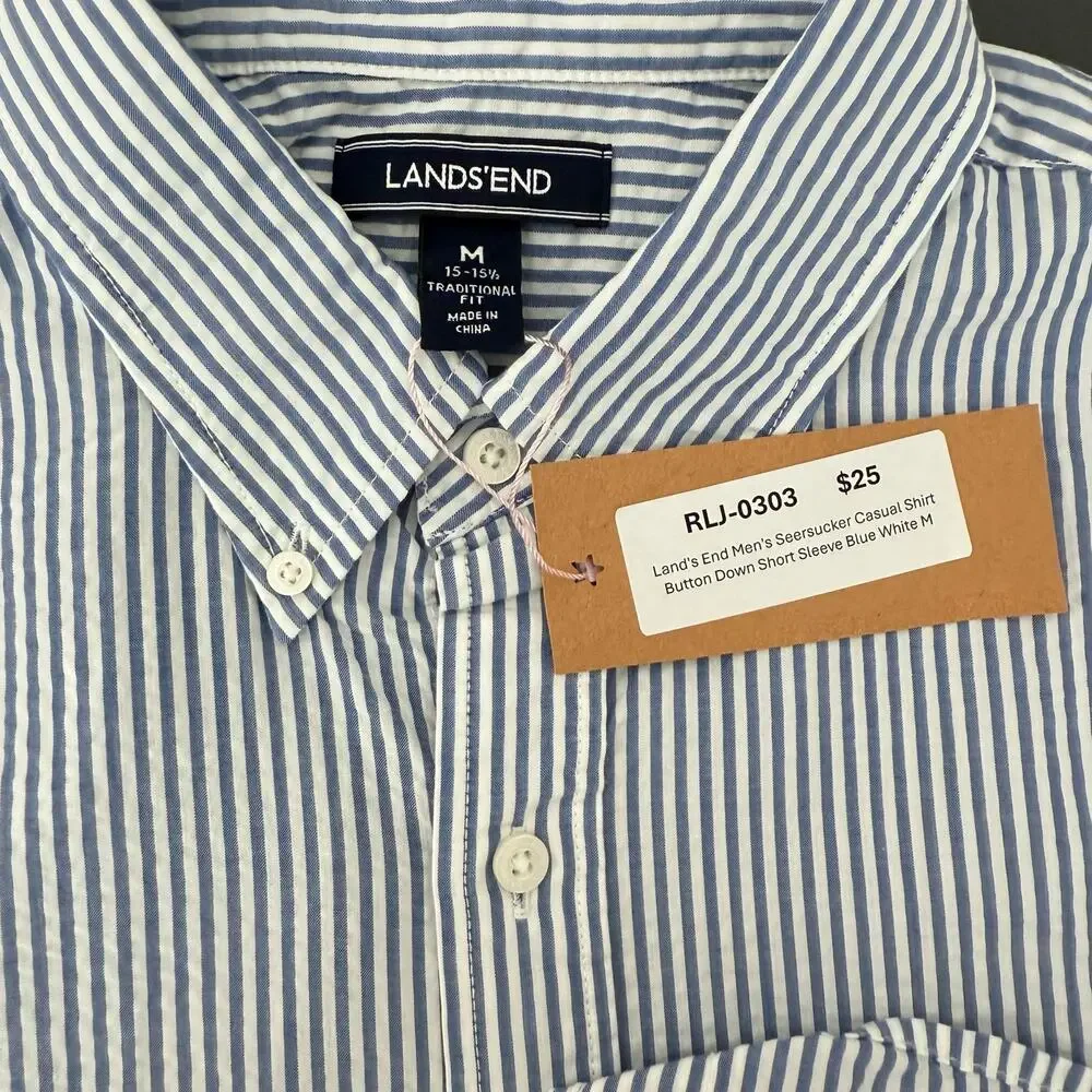 Land's End Men's Seersucker Casual Shirt Button Down Short Sleeve Blue White
